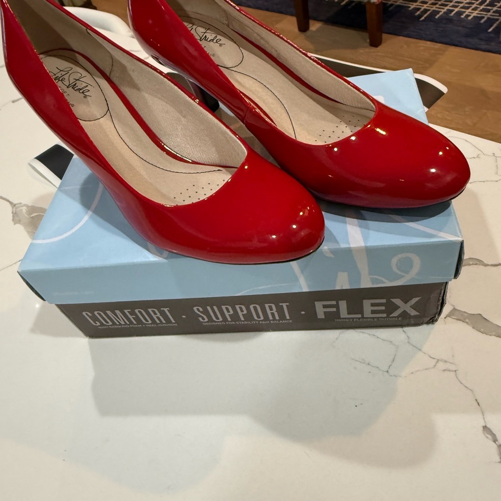 Life Stride Red Patent Rounded-Toe Pumps